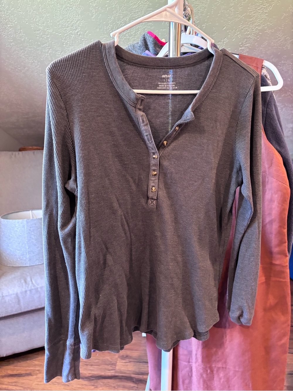 aerie Charcoal Gray Waffle Henley Long Sleeve Top